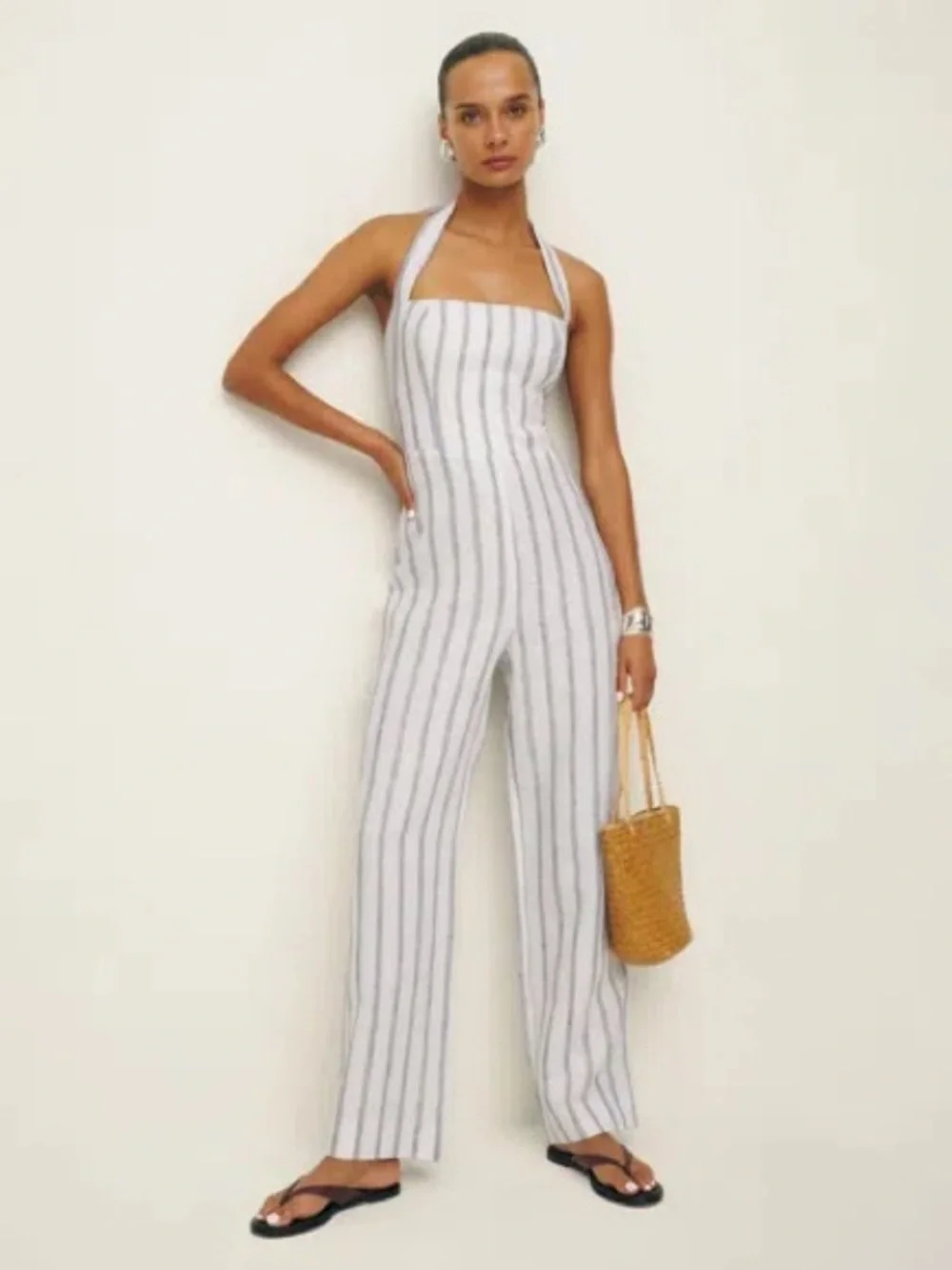 NWT Reformation Malika Linen Jumpsuit White Blue In Harbor Stripe Size 2